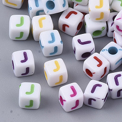 Letter J White Opaque Acrylic Beads, Horizontal Hole, Cube with Mixed Color Letter, Letter.J, 5x5x5mm, Hole: 2mm, about 5000pcs/500g
