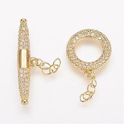 Golden Brass Micro Pave Cubic Zirconia Ring Toggle Clasps, Golden, Ring: 15x13x2mm, Bar: 6x27x4mm.