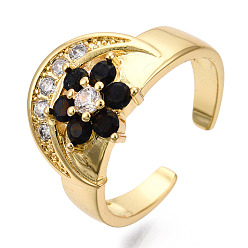 Black Cubic Zirconia Moon with Flower Open Cuff Ring, Real 18K Gold Plated Brass Jewelry for Women, Nickel Free, Black, US Size 8(18.1mm)
