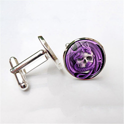 Silver Alloy Enamel Flat Round with Dragon & Skull Cufflinks, for Apparel Accessories, Silver, 18x17x16mm
