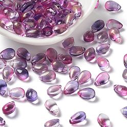 Violet Transparent Glass Charms, Glitter Gold Powder, Teardrop, Violet, 9x6x5mm, Hole: 1mm