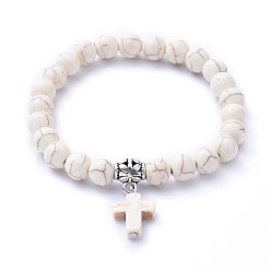 Beige Étirer bracelets de charme, avec des perles synthétiques turquoise(teintes), bélières en alliage de style tibétain, croix, beige, diamètre intérieur: 2-1/8 pouce (5.4 cm)
