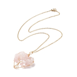 Quartz Rose Collier pendentif coeur éclats de quartz rose naturel avec arbre de vie, plaqué or clair 304 bijoux en fil d'acier inoxydable pour femmes, 17.72 pouce (45 cm)