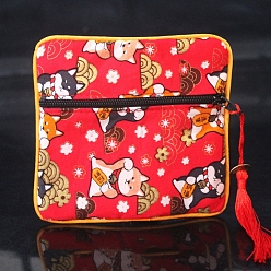 Rouge Sacs carrés à pompons en tissu de style chinois, avec fermeture à glissière, Pour bracelet, Collier, rouge, 11.5x11.5 cm