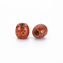 Orange Red Printed Natural Wood Beads, Macrame Beads Large Hole, Barrel, Orange Red, 18x17mm, Hole: 7mm, about 310pcs/500g