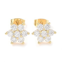 Golden Brass Micro Pave Cubic Zirconia Stud Earrings, Snowflake Jewelry for Women, Golden, 9.5x11mm