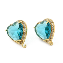 Turquoise Rack Plating Brass Rhinestone Stud Earring Finding, with Glass, Heart with Vertical Loops, Real 18K Gold Plated, Cadmium Free & Lead Free, Turquoise, 20.5x17mm, Hole: 1.6mm, Pin: 0.7mm