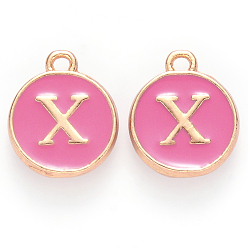 Letter X Golden Plated Alloy Enamel Charms, Cadmium Free & Lead Free, Enamelled Sequins, Flat Round with Letter, Camellia, Letter.X, 14x12x2mm, Hole: 1.5mm