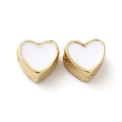 Blanc Perles d'émail d'alliage de placage de support, cœur, or, blanc, 8x8.5x5mm, Trou: 1mm