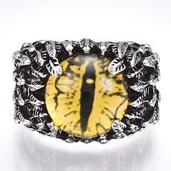 Yellow Alloy Glass Cuff Finger Rings, Wide Band Rings, Dragon Eye, Antique Silver, Yellow, Size 10, 20mm