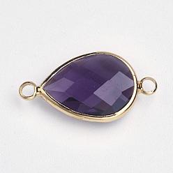 Purple Brass Glass Links connectors, Faceted, teardrop, Light Gold, Purple, 14x25.5x5mm, Hole: 2mm