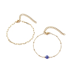 Blue 2Pcs 2 Style Brass Paperclip Chains & 304 Stainless Steel Satellite Chains Bracelets Set, Lampwork Evil Eye Beads Bracelets for Women, Golden, Blue, 6-1/4 inch(15.8cm), 1Pc/style