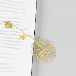 Golden Brass Clover Bookmarks, with Tassels & Maple Leaf Charm, Golden, 55x70x0.4mm