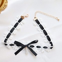 Black Cloth Bowknot Choker Necklaces, with Imitation Pearl Beads, Black, 11.81 inch(30cm)