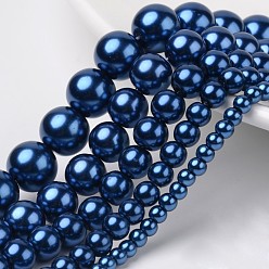 Marina Azul Abalorios de vidrio teñido de perla redondos, azul marino, 4 mm / 6 mm / 8 mm / 10 mm / 12 mm, agujero: 1 mm, sobre 70~216 unidades / cadena