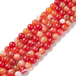 Dark Orange Natural Striped Agate/Banded Agate Bead Strands, Round, Grade A, Dyed & Heated, Dark Orange, 10mm, Hole: 1mm, about 37~38pcs/strand, 14.5 inch