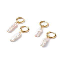 Antique White Vacuum Plating 304 Stainless Steel Huggie Hoop Earring, with Natural Baroque Pearl Keshi Pearl Beads, Nuggets, Antique White, 37~41mm, Pin: 1mm