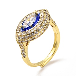 Blue Clear Cubic Zirconia Horse Eye Adjustable Ring with Enamel, Real 18K Gold Plated Brass Jewelry for Women, Blue, US Size 6 1/4(16.7mm)