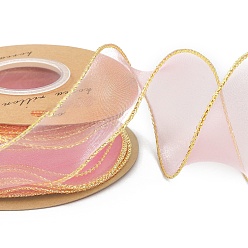 Pink Полиэстер органза лента, для упаковки подарков, изготовление галстука-бабочки, плоский, розовые, 1-5/8 дюйм (40 мм), около 9.84 ярдов (9 м) / рулон