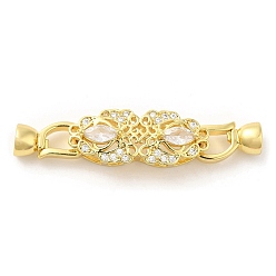Real 18K Gold Plated Rack Plating Brass Pave Clear Cubic Zirconia Fold Over Clasps, Long-Lasting Plated, Flower, Real 18K Gold Plated, Flower: 9.5x23.5x8mm, Clasp: 12.5x6x5.5mm, Inner Diameter: 4mm