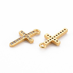 Real 18K Gold Plated Brass Clear Cubic Zirconia Charms, Nickel Free, Cross, Real 18K Gold Plated, 14x7x2mm, Hole: 1.2mm
