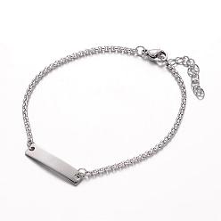 Stainless Steel Color 304 Stainless Steel ID Bracelets, Rectangle, with Box Chains and Lobster Clasps, Stainless Steel Color, 7-1/4 inch(185mm), 2mm