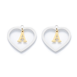 Letter A 201 Stainless Steel Pendants, Hollow, Heart with Letter A~Z, Real Gold Plated & Stainless Steel Color, Letter.A, 29x29.5x1mm, Hole: 2mm, A~Z: 12x8~10.5x1mm