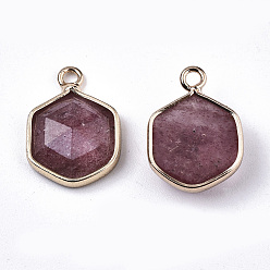 Strawberry Quartz Natural Strawberry Quartz Charms, with Light Gold Plated Brass Edge and Loop, Hexagon, Faceted, 15x11x4.5mm, Hole: 1.5mm