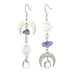 Stainless Steel Color Natural Amethyst & Glass Beaded Dangle Earrings, 201 Stainless Steel Moon & Sun Long Drop Earrings with 304 Stainless Steel Pins, Stainless Steel Color, 72x20mm
