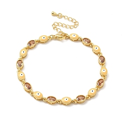 Wheat Enamel Evil Eye & Glass Oval Link Chain Bracelet, Golden Brass Jewelry for Women, Wheat, 7-1/4 inch(18.3cm)