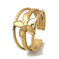 Real 18K Gold Plated 304 Stainless Steel Open Cuff Rings, Flower, Real 18K Gold Plated, US Size 7 3/4(17.9mm)