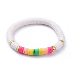 White Stretch Bracelets, with Polymer Clay Heishi Beads and Electroplate Non-magnetic Synthetic Hematite Beads, White, Inner Diameter: 2-1/8 inch(5.3cm)