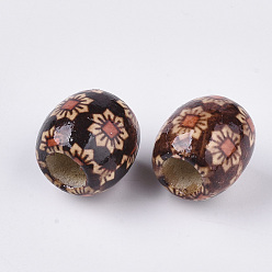 Coconut Brown Printed Natural Wood Large Hole Beads, Barrel, Lead Free, Coconut Brown, 16x14.5~16.5mm, Hole: 7.5mm