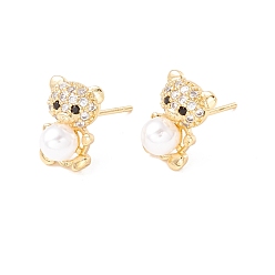 Real 18K Gold Plated Cubic Zirconia Bear Stud Earrings with Acrylic Pearl, Brass Jewelry for Women, Lead Free & Cadmium Free, Real 18K Gold Plated, 12x8.5mm, Pin: 0.8mm