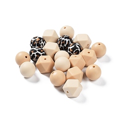 Pêche Perles focales rondes/polygonales en silicone de qualité alimentaire, perles à mâcher pour les jouets de dentition, Diy soins infirmiers colliers faisant, motif imprimé léopard, peachpuff, 14~15x15~18x14~15mm, Trou: 2.3~2.5mm, 20 pcs /sachet 