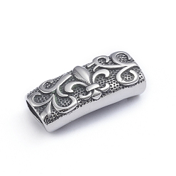 Antique Silver Retro 304 Stainless Steel Slide Charms/Slider Beads, for Leather Cord Bracelets Making, Rectangle with Fleur De Lis, Antique Silver, 11x27x7mm, Hole: 4.5x8mm