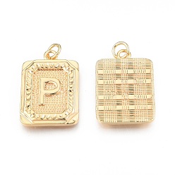 Letter P Brass Pendants, with Jump Rings, Cadmium Free & Nickel Free & Lead Free, Rectangle with Letter, Real 18K Gold Plated, Letter.P, 22.5x16x2mm, Jump Ring: 5x1mm, 3mm inner diameter