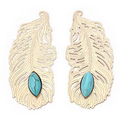 Light Gold Brass Big Pendants, with Synthetic Turquoise, Feather Charm, Light Gold, 60x27x4.5~5.5mm, Hole: 1.6~1.8mm