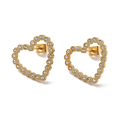 Oro Aretes de corazón ahuecados con diamantes de imitación de cristal, chapado en iones (ip) 304 joyas de acero inoxidable para mujeres, dorado, 16x18x1.5 mm, pin: 0.8 mm