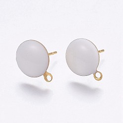 White Ion Plating(IP) 304 Stainless Steel Stud Earring Findings, with Loop, Enamel, Flat Round, Golden, White, 12.5x10x2mm, Hole: 1.2mm, Pin: 0.8mm, 100pc/bag