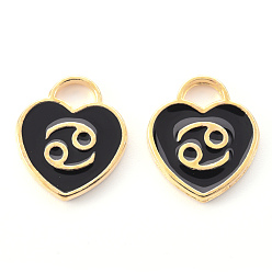 Cancer Light Gold Plated Alloy Enamel Pendants, Constellations, Black Heart, Cancer, 14x12x1.8mm, Hole: 4mm