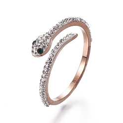 Oro Rosa 304 anillos de puño de acero inoxidable, anillos abiertos, con diamantes de imitación de arcilla polimérica, serpiente, cristal y esmeralda, oro rosa, tamaño de 6~9, 16~19 mm