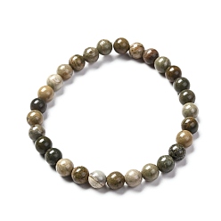 Jaspe Feuille Argent Bracelet extensible de perles rondes de jaspe feuille d'argent naturel pour hommes femmes, perle: 7 mm, diamètre intérieur: 2-1/8 pouce (5.5 cm)