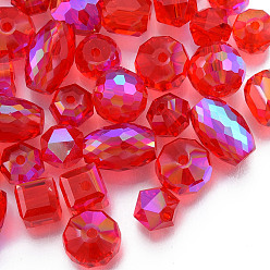Roja Perlas de vidrio transparentes, color de ab, facetados, formas mixtas, rojo, 7~10x7~10x5~9.5 mm, agujero: 1~1.5 mm