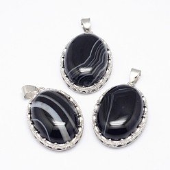 Agate Bandée Pendentifs en agate à bandes noires naturelles, avec les accessoires en laiton, ovale, teint, platine, 30x21x10~11mm, Trou: 6x4mm