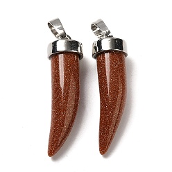 Goldstone Synthetic Goldstone Pendants, Horn Charms, with Rack Plating Platinum Plated Brass Snap on Bails, 34~36x10mm, Hole: 8x5mm