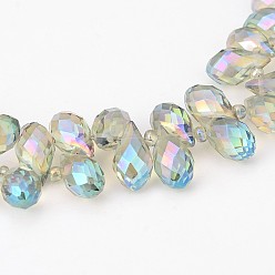 Medium Aquamarine Electroplate Glass Beads Strands, Top Drilled Beads, Faceted Teardrop, Full Rainbow Plated, Medium Aquamarine, 13x8mm, Hole: 0.8mm, about 98pcs/strand, 20 inch