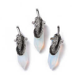 Opalite Opalite Pendants, with Antique Silver Tone Brass Findings, Cadmium Free & Lead Free, Double Terminal Pointed Bullet with Leaf, 44~47x14~15x14~15mm, Hole: 6.2x3.5mm