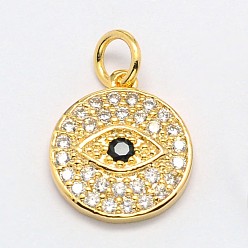 Real 18K Gold Plated Brass Micro Pave Cubic Zirconia Charms, Cadmium Free & Nickel Free & Lead Free, Flat Round with Evil Eye, Real 18K Gold Plated, 13x12x2mm, Hole: 3mm