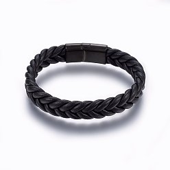Black Leather Braided Cord Bracelets, 304 Stainless Steel Magnetic Clasp, Rectangle, Gunmetal, Black, 8-5/8 inch(22cm), 13x6mm